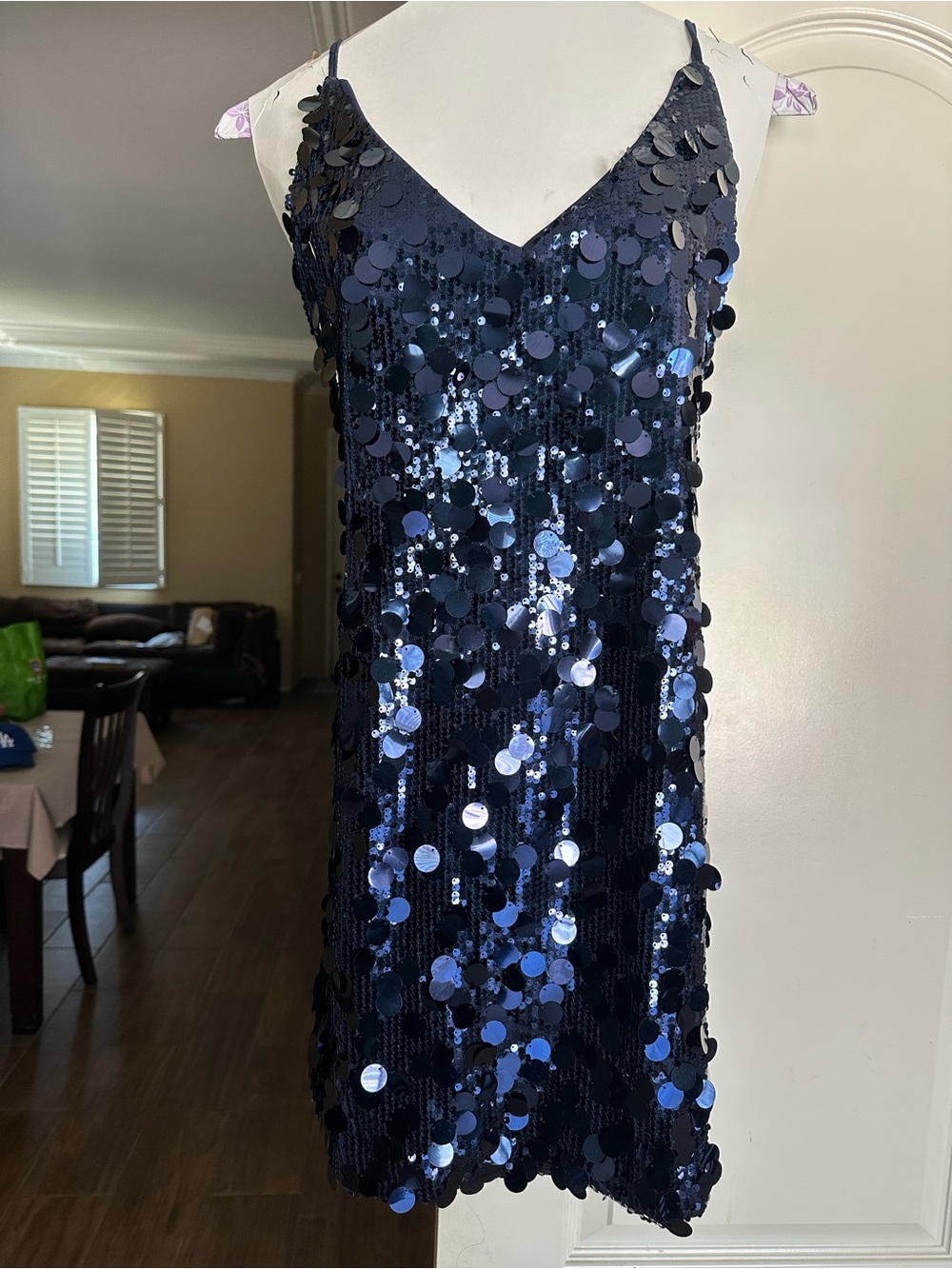 Navy Sequin Slip Dress - Women's Evening Dress